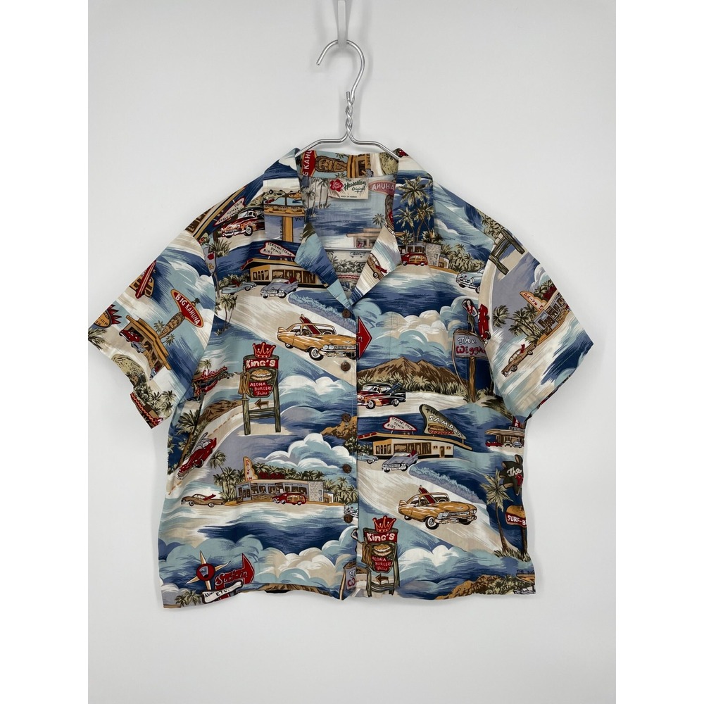 Hilo Hattie Blouse Womens Large Car Drive In Big Kahuna Button Up Cotton Shirt